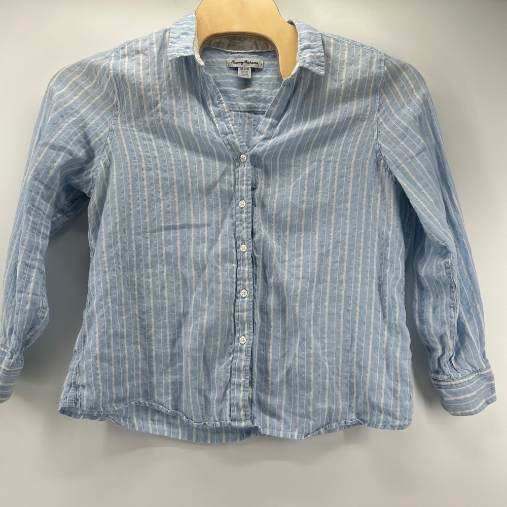 Tommy Bahama Button Down Shirt Women XL Blue White Striped Metallic Coastal